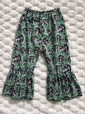 Starbucks Toddler Ruffle Flare Pants 12-18 Months XS Green Black Bell Bottoms